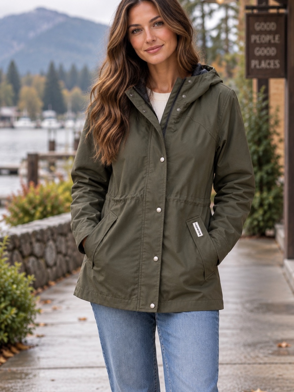 Hunter Women’s Olive Green Hooded Rain Jacket Coat Size Medium